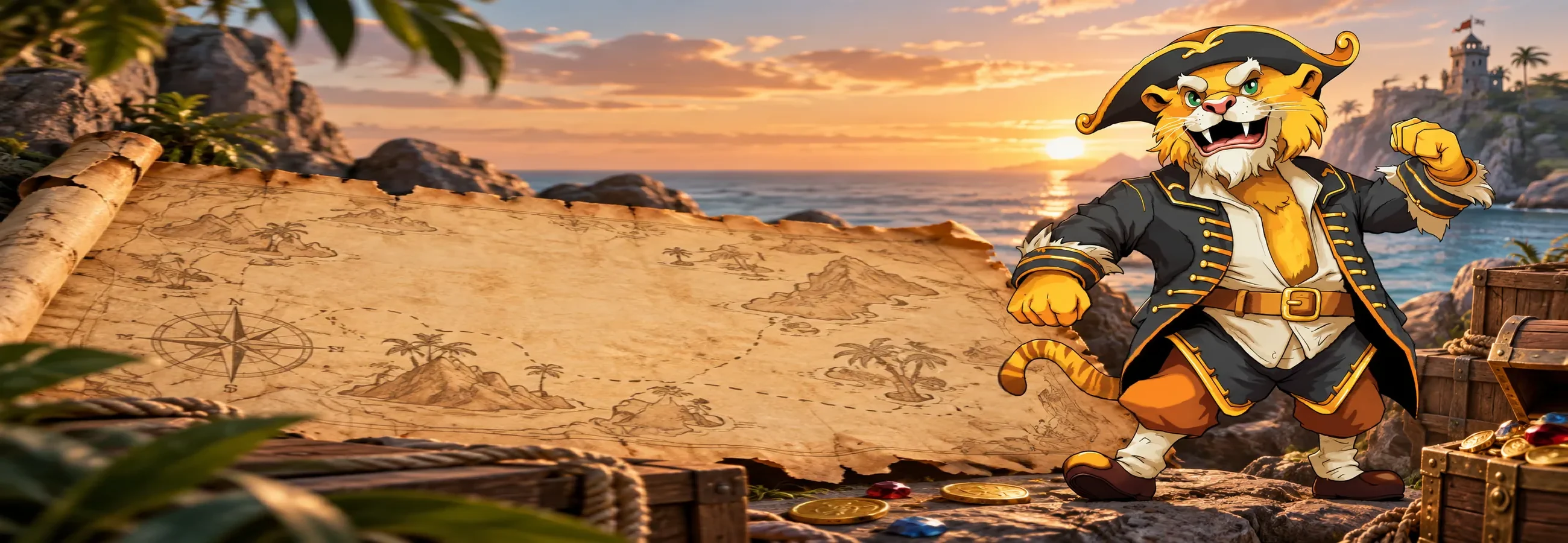 Le Captain au coucher du soleil, devant une carte marine et un coffre