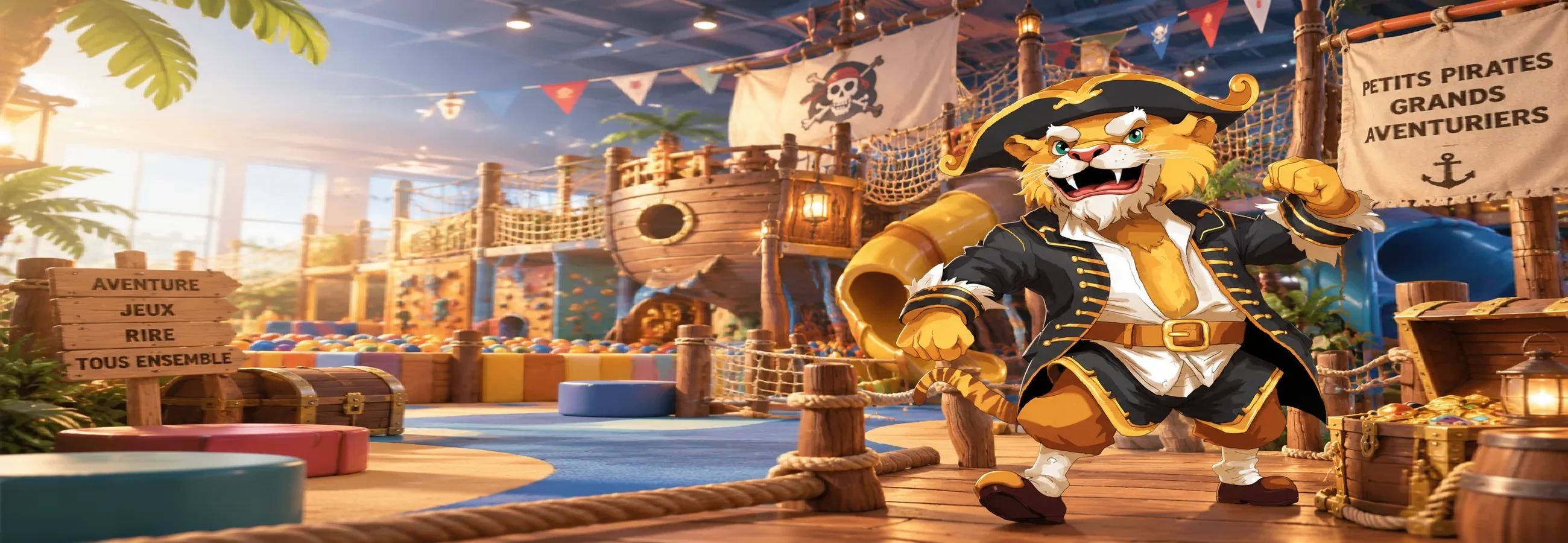 Le Captain dans le parc, devant le bateau pirate et les toboggans