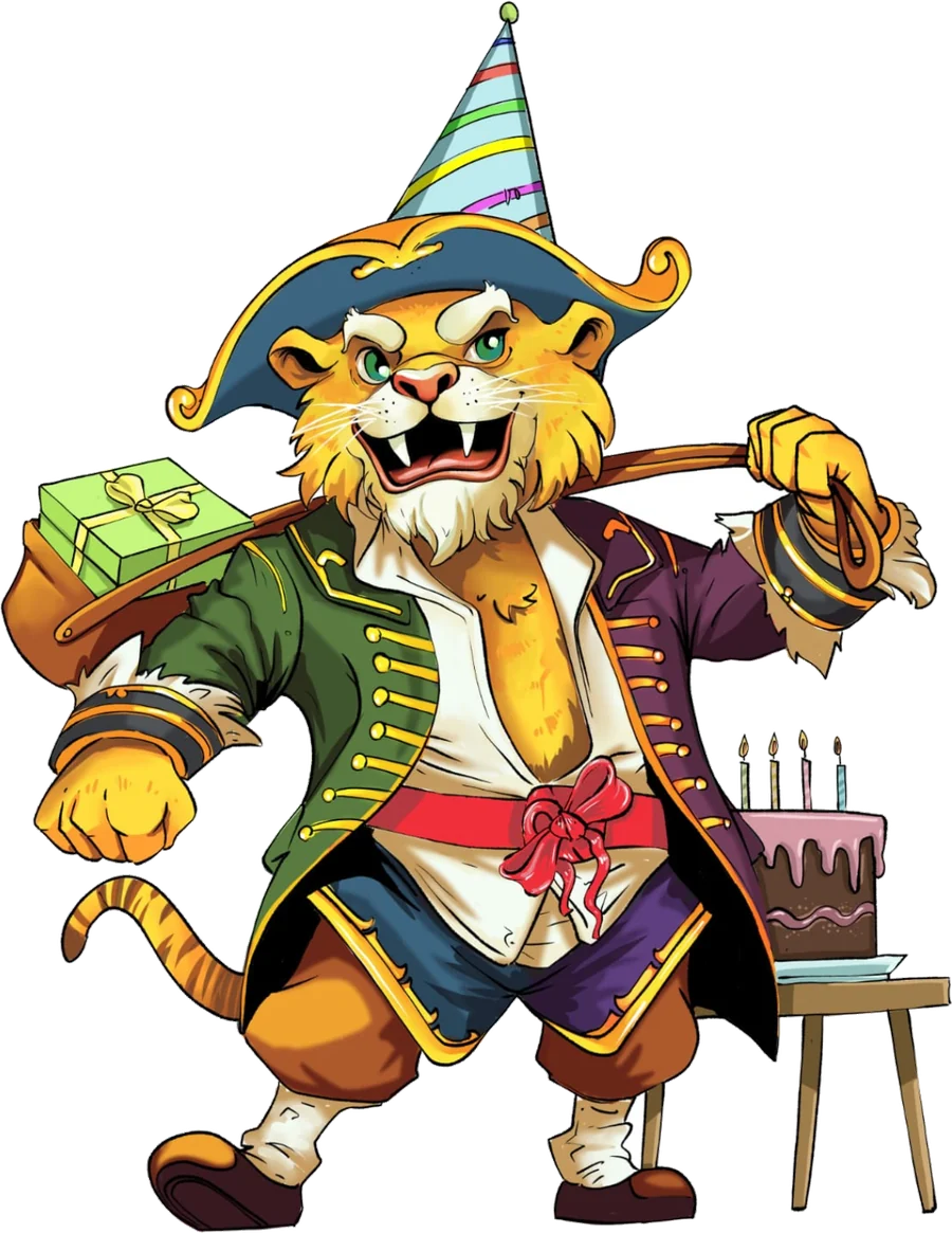 La mascotte Captain Kids, coiffée d'un chapeau de fête, devant un gâteau d'anniversaire